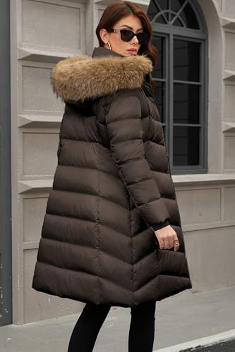 PAPILLON D'OR Women's Long Puffer Coat with Detachable Faux Fur Collar Hood Fleece-Lined Pockets Ribbed Cuffs Winter Jacket (US, Alpha, XX-Large, Regular, Regular, Tea-Brown) - Image 5