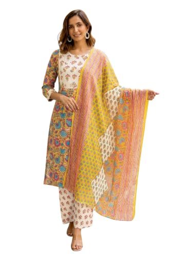 Image of MIRCHI FASHION Women's Straight Fit Pure Cotton Embellished Floral Printed Kurta Set with Dupatta and Trouser