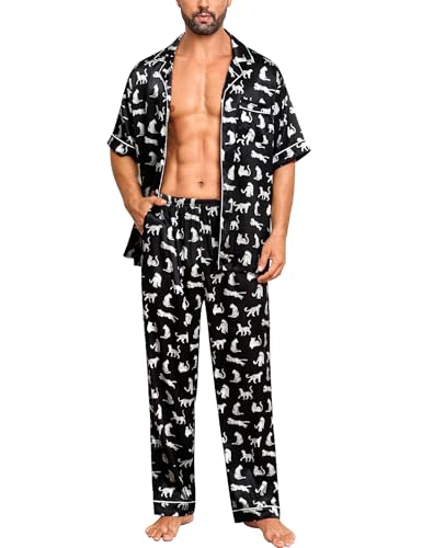Image of SWOMOG Mens Satin Pajama Set Short Sleeve Classic Sleepwear Button Down Silky Loungewear with Long Pants