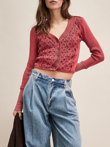 Image of Women's Cropped Cardigan Long Sleeve V Neck Lightweight Sweaters Knit Slim Fit Open Front Button Down Tops