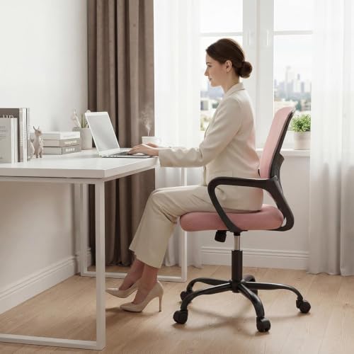 Image of DUMOS Ergonomic Home Office Chair, Lumbar Support Desk Chair | Mid Back Rocking Mode, Height Adjustable Flip-up Armrest, 360 Swivel Conference Meeting Room, Pink