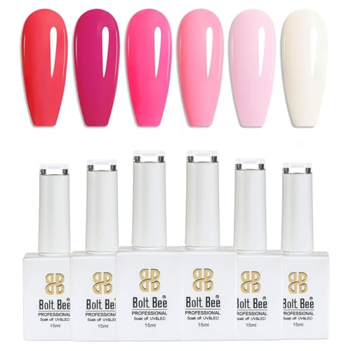 Image of Bolt Bee Gel Polish Kit Gel Polish Set, 6 Colors Light Soft Sakura White Nude Spring Soak off Nail Art Design Manicure Kit at Home (Dark & Pink Shades)