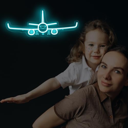 Image of Airplane Neon Sign, Handmade LED Light, Airplane Wall Decort, Gifts for Pilot, Aviation Lover Gift, Kids Room Decor, 16.5 inchx6.5 inch, Ice Blue