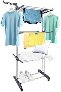 Feesiluu Clothes Drying Rack, Large 3-tier Folding Dryer Hanger Collapsible Outdoor Indoor Rolling Garment Rack with Foldable Wings and Casters