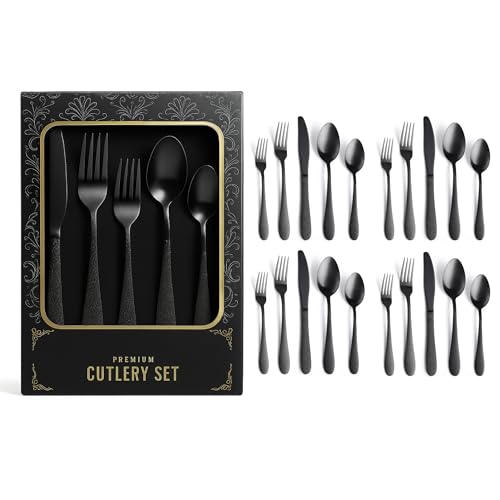 Image of aDai Premium 20 Piece Stainless Steel Cutlery Set | Elegant Hammered Handle Flatware | Includes Spoon Fork Knife Teaspoon | Durable Rust Resistant | Perfect for Gifting (Black)
