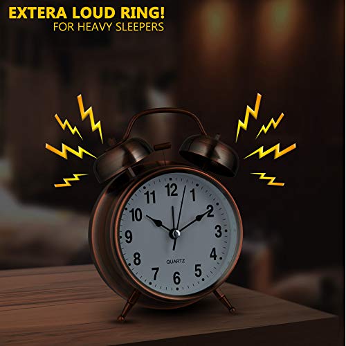 Bernhard Products Analog Alarm Clock Twin Bell Retro Copper Metal 4" Extra Loud Quartz Battery Operated With Backlight For Bedside Table Vintage Silent Non-Ticking Old Fashioned Decorative Desk Clocks #TOP4