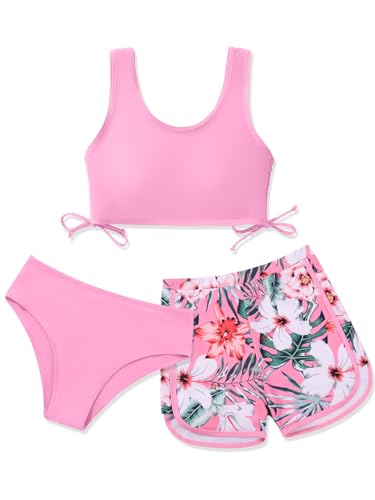 Image of Girl's 3 Piece Bikini Bathing Suit Printed Sport Swimsuits with Shorts Cove Up Sets Teen Girl's Swimwear