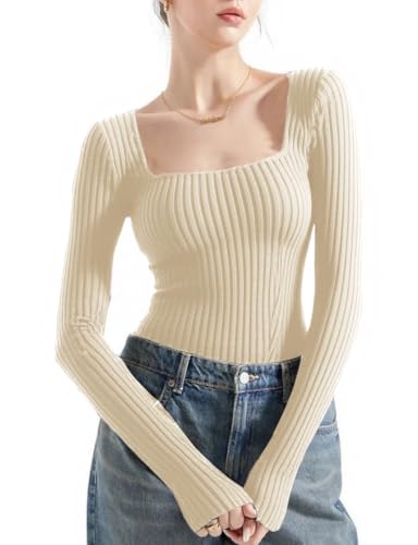 v28 Women Square Neck Knit Elasticity Stretchable Long Sleeve Slim Sweater Tops