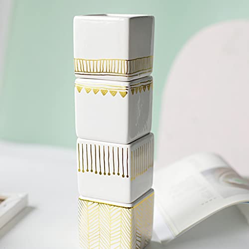 maozi 4 unids Minimalista Cuadrado Cerámica Flor de cerámica Patrón de Oro Creativo Mini Flor Pot Planta Planta Potted Plant