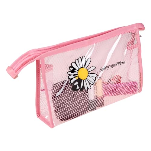 Image of Kuber Industries Toiletry Pouch | Cosmetic Makeup Pouch | Vanity Pouch for Woman | Makeup Accessories Pouch | Transparent Net Pouch | Sunflower-Cosmetic Pouch | Pink