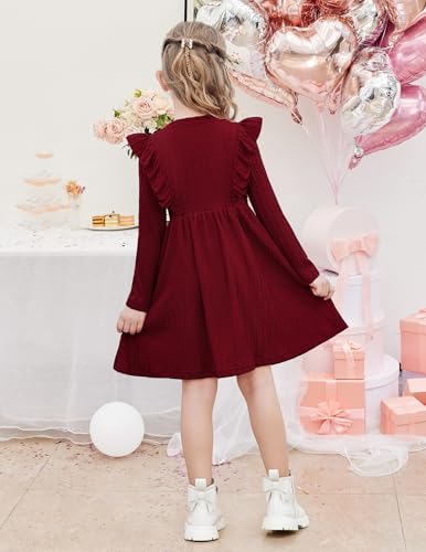 Arshiner Toddler Girl Dress Ruffle Ribbed Knit Long Sleeve A-Line Swing Fall Winter Bowknot Casual Dress with Pockets 6