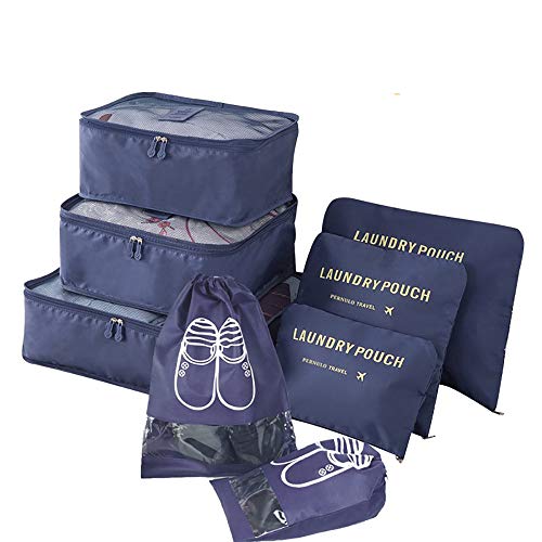8 Set Organizadores de Viaje para Maletas, Bolsas de Equipaje Impermeable Cubos Embalaje de Viaje Bolsas de Almacenamiento para Ropa Zapatos, Cosméticos Accesorios, Material Nylon