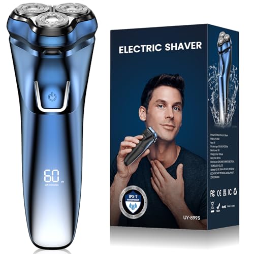 Electric Razor for Men, Mosluckamp Men’s Electric Rotary Shavers, Rechargeable Wet & Dry Shaver with Pop-up Trimmer, Waterproof Cordless Portable Razor with LCD Display/Travel Lock, Blue