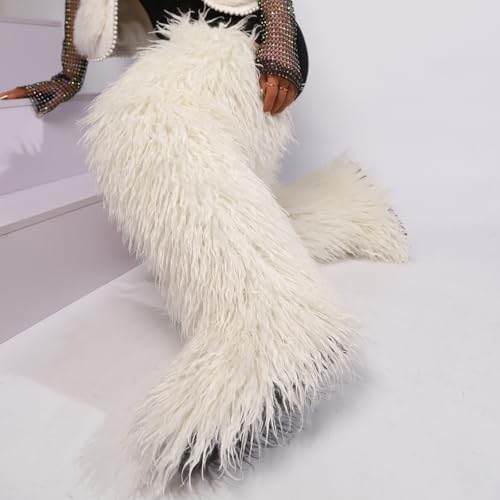 Image of Black Thigh High Fur Boots, Over the Knee Fluffy High Boots, Tall Furry shoes for Women