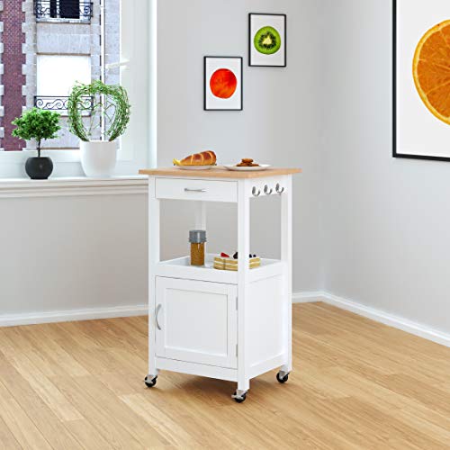 eHemco Kitchen Island Cart on Wheels with Drawer, Storage Cabinet, Shelf and Natural Solid Hardwood Top, White Base - Thumbnail 2