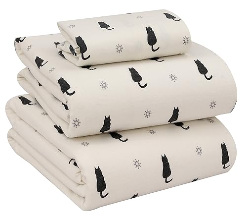 RUVANTI 100% Cotton Flannel Sheets Twin XL Size, 3 PCs, Black Cat