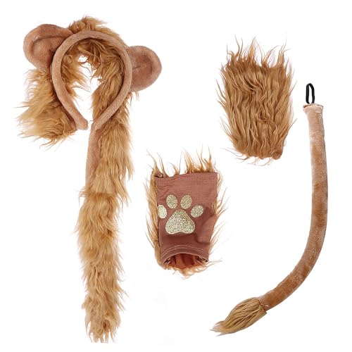 4 Pieces Lion Ears Headband Tail Paw Gloves Set Lion Plush C