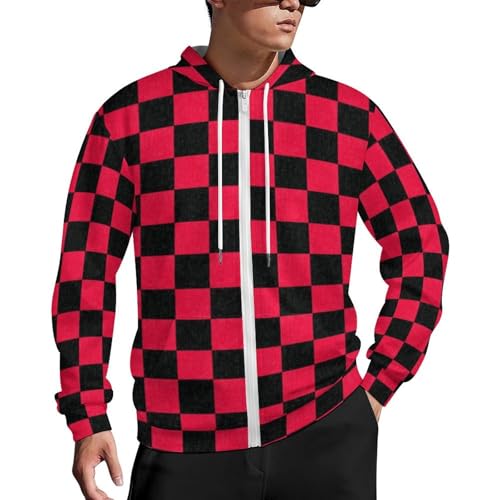 Red Black Checkered Men's Zip Up Hoodie Casual Drawstring Hooded Sweatshirt with Kanga Pocket