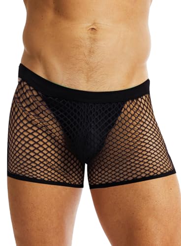 MIZOK Men's Sexy Sheer Fishnet Boxer Briefs Mesh See Through Pouch Boxer Underwear