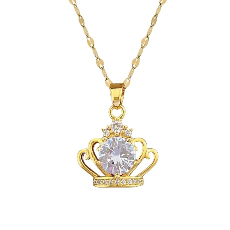 Generic 14K Yellow Gold Regal Crown Pendant Necklace - Queen Crown Charm with Chain - Perfect for Women & Special Occasions