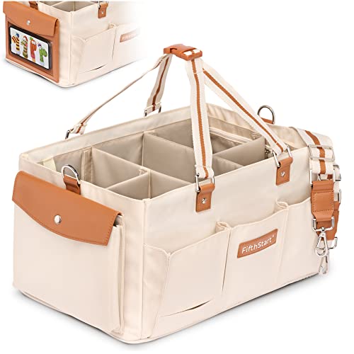 Image of FifthStart Diaper Caddy Organizer - Multiple Compartment Bag with Shoulder Strap and Entertainment Pouch Keeps Baby Still for Diaper Changing. Waterproof Canvas Fabric Storage Bag for Nursery (Beige)