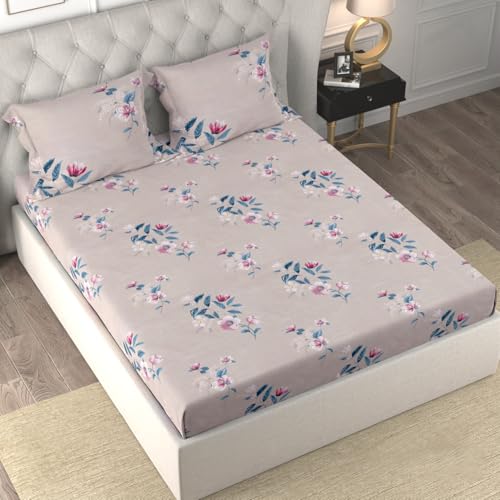 Image of Cloth Fusion Glace Cotton Elastic Fitted Bedsheet King Size 78x72 inch | Pink Floral, 2 Pillow Covers, 165 TC, Soft, Cotton Blend, 360 Grip, Fits Up to 8 in Mattress, Quick-Drying