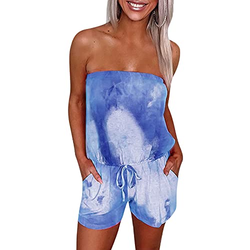 Gillberry Women's Summer Tank Jumpsuit Casual Loose Tube Top Colorful Striped Tie Dye Elastic Off Shoulder Short Romper