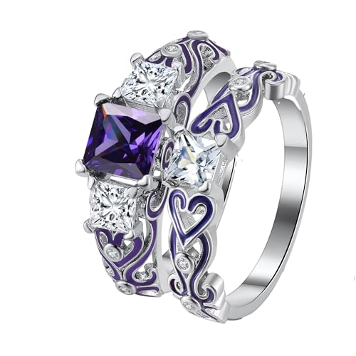 Cherri Wedding Ring Set for Women by Ginger Lyne | Purple Princess Cut Engagement Ring with Matching Wedding Band Cubic Zirconia Promise or Bridal Set