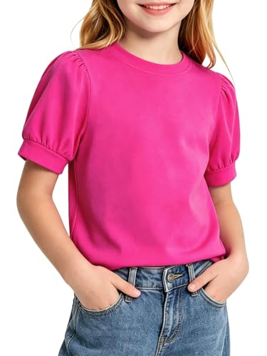 Image of Girls' Puff Sleeve Cotton T-Shirt Cute Summer Tops for Girls