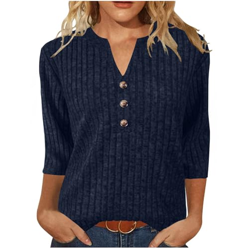 3/4 Sleeve Sweaters for Women Button V Neck 2025 Fall Outfits Casual Loose Lightweight Knit Pullover Top
