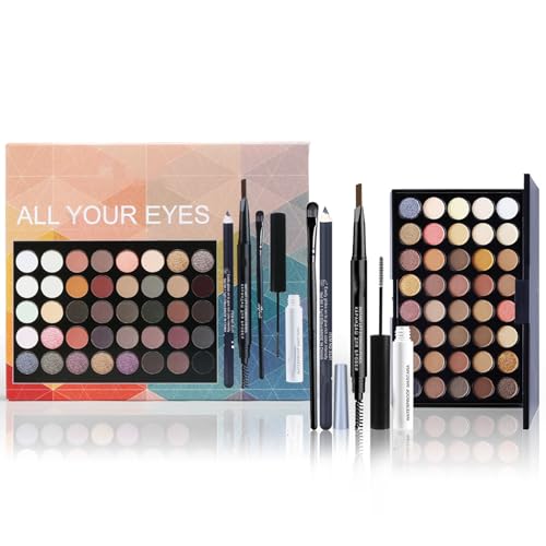 Eye Shadow Pallets For Women - All In One Makeup Set - 40 Colors Eyeshadow With Mascara, Eyeliner Pencil, Eyebrow Pencil & Brush - Eye Cosmetic Kit For Daily & Creative Make Up