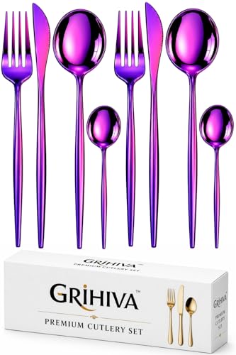 Image of 8 Pcs Pink Slim Handle Stainless Steel Cutlery Set for Dining Table with Spoons and Forks Set + Butterknives - The Perfect Tableware /Flatware