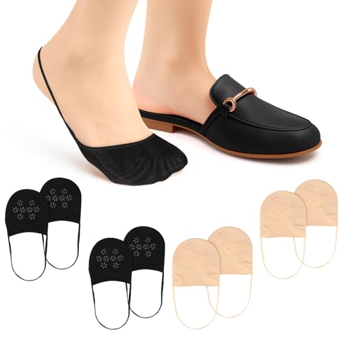 4 Pairs Toe Toppers No Show Liner Half Socks for Women Seamless Grip Non Slip Hidden Toe Covers Invisible Non-Skid Bottom for Mule Heels Ball of Foot Cushion Socks Women's Toes Cover