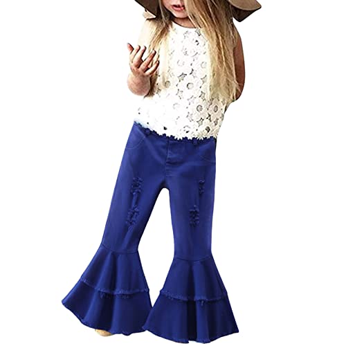 Toddler Girl's Flare Leg Elastic Waist Ripped Ra𝚠 Hem Button Baggy Jeans Solid Denim Pants Girls Flare Jeans2