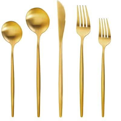 Gold Silverware Set for 12, MIKIWAY 60 Pieces Stainless Steel Flatware Set, Matte Golden Cutlery Tableware Set, Kitchen Utensils Set Include Spoons And Forks Set, Satin Polished, Dishwasher Safe