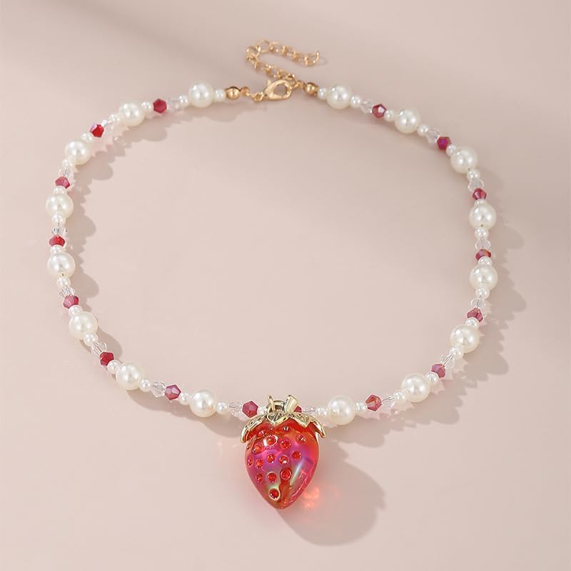 KZL Cute Strawberry Jewelry Set Funny 3D Imitation Fruits Strawberry Necklace Earrings for Women Imitation Pearl Beaded Choker Necklace Y2k Jewelry Gift - Image 2