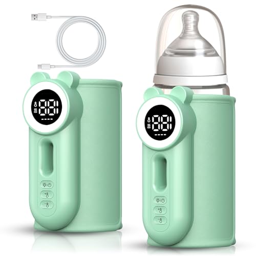 Flaschenwärmer Baby, 8000mAh Akku Tragbarer Flaschenwärmer für Unterwegs mit 6 Temperaturstufen & LED-Display, USB-C Schnellladung, Milchwärmer für Babyflaschen & Beikostgläschen (Grüner Bär)