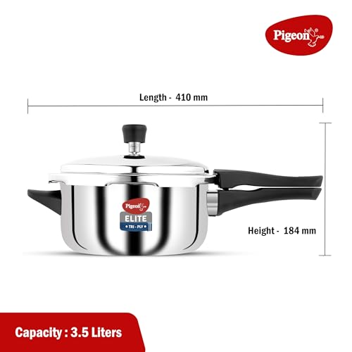 Image of Pigeon By Stovekraft Elite Shine 3.5Liters Tri-Ply Body Outer Lid Pressure Cooker Induction And Gas Stove Compatible That Distributes Heat Evenly For Uniform Cooking (Stainless Steel, Silver)