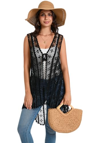 Cefulnel Women'S Crochet Vest Lightweight Boho Hollow Lace Cover Up Floral Sleeveless Cardigan thumb #3