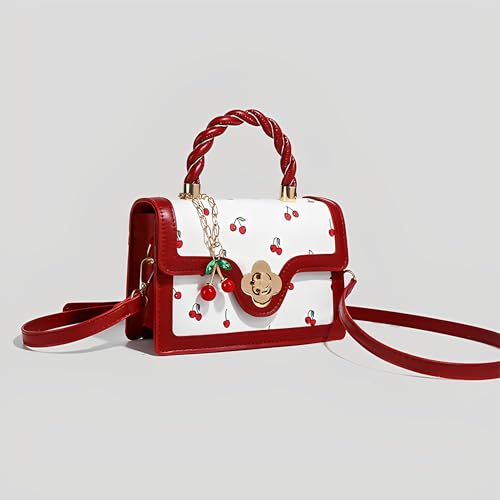 Image of Cherry Leather Tote Bag - Cute Y2K Shoulder Purse for Women, Red Designer Handbag with Top Handle, Fruit Print Clutch Satchel
