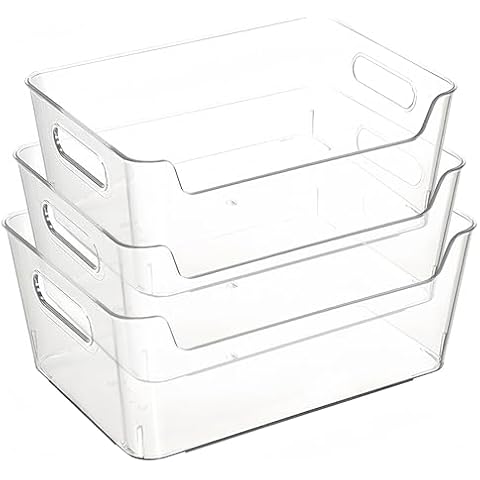 3 Pack Clear Storage Bins, Plastic Organizers Container Box with Handles, Large Medium Small 3 Sizes Stackable Plastic Storage Container for Fridge Bins Kitchen Sink Freezer Pantry Shelves Drawer Cover