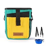 Dog Treat Pouch with Collapsible Bowl & Zippered Pockets Hands-Free Training Treat Pouch Bag for Dogs Waterproof Pet Waist Bag, Adjustable Strap Training, Hiking, Outdoor Use (Green & Yellow)