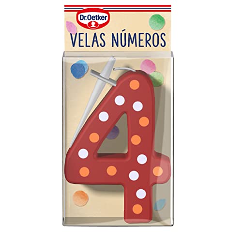 DR. OETKER Velas Número 4, Vela de Cumpleaños Para Personalizar Tartas, Cupcakes o Bizcochos - Pack de 1 Vela con Número 4 en Colores Rojo, Azul, Verde o Amarillo