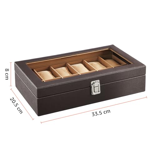 Image of amazon basics Unisex Faux Leather Watch Organiser Box with 12 Slots |Watch Organiser with Transparent Lid |20.5D X 33.5W X 8H cm | Brown