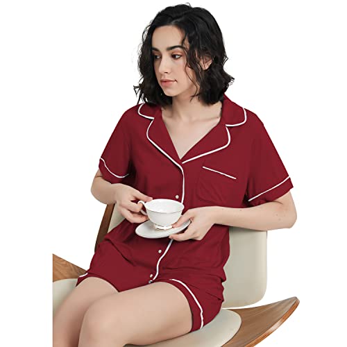 Metarino Merino Wool Pajamas Women 2Pcs Set Nightwear Short Sleeve Soft Button Down Sleepwear For Home,Wine Red,Medium #TOP4