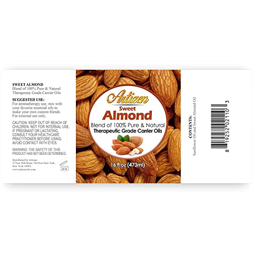 Artizen Sweet Almond Oil - 16Oz (Ounce) Bottle (Blend Of 100% Pure & Natural) - Perfect Carrier Oil For Diluting Essential Oils - Cold Pressed - Works Great As A Massage Oil, Aromatherapy, More! #TOP1