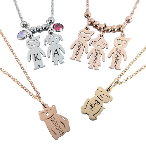 Handmade Family Jewelry Custom Couples Necklace with Baby Pet Names, Personalized Family Charms Engraved Kid Pendants, Birthstone Gift Idea For Christmas Thanksgiving Gatherings (Gold color)