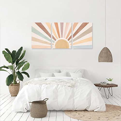 Boho Sun Wall Art Set Of 3, Framed Canvas Wall Art Rainbow Sun Rising On The Horizon Geometric Nature Illustrations Line Art Wall, Mid-Century Modern Prints Boho Wall Decor For Living Room, Bedroom, Bathroom, Office, 12"X16" Watercolor #TOP2