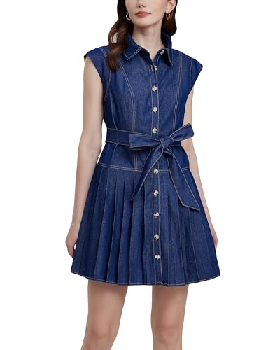 Ladyful Denim Mini Dress for Women Button Down Cap Short Sleeve A-line Pleated Shift Jean Dress