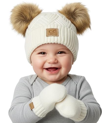 Image of Funky Junque Baby Double Faux Fur Pom Pom Beanie & Mittens Set – Newborn Infant 0–9 Months Winter Hat with Soft Lined Mittens
